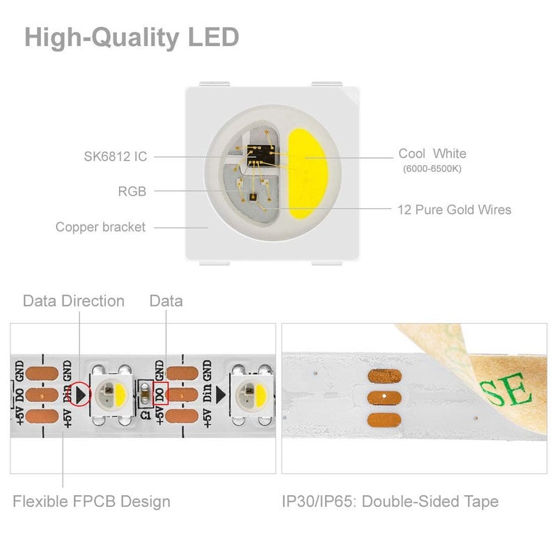 BTF-LIGHTING BTF-إضاءة RGBW RGB+أبيض بارد SK6812 (مماثل لـ WS2812B) 4 ألوان في شريط LED واحد قابل للتوجيه فردياً 16.4 قدم 60 بكسل/م 300 LED لون حلم IP65 DC5V PCB أبيض (بدون محول أو وحدة تحكم) - Image 3